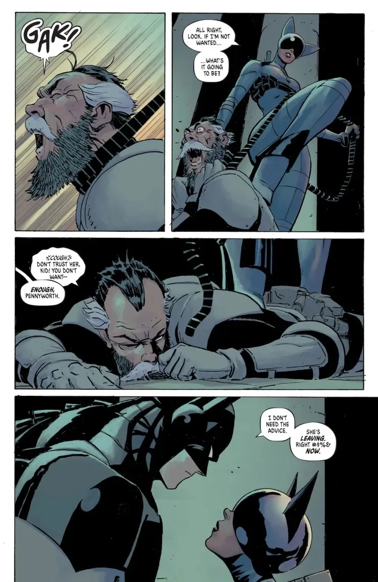 Catwoman, de pie junto a un Alfred tirado en el suelo, pregunta qué va a pasar si no la quieren allí; Batman responde que no necesita consejos y que ella se va ahora mismo