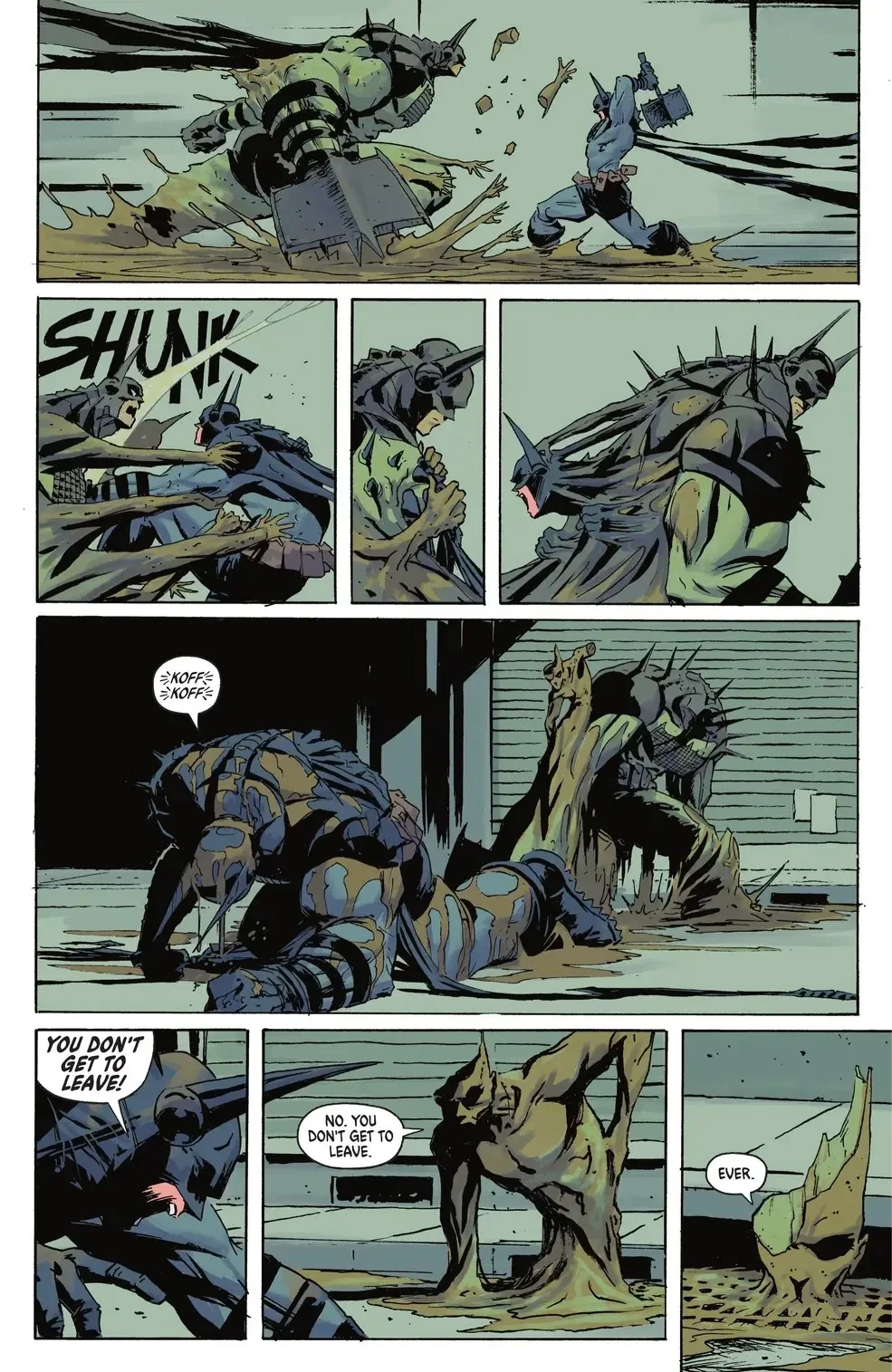 Batman pelea a martillazos contra Clayface, que ha tomado la forma de un Batman con pinchos y acaba derritiéndose en el suelo mientras le dice que no se va a ir nunca