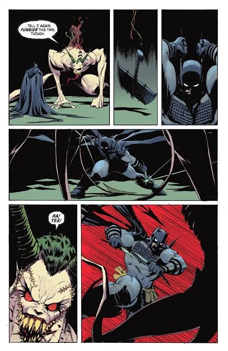 El Joker, convertido en un monstruo con cuernos y dientes afilados, pide a Batman que le cuente el chiste otra vez, más gracioso, mientras Batman se lanza a por él