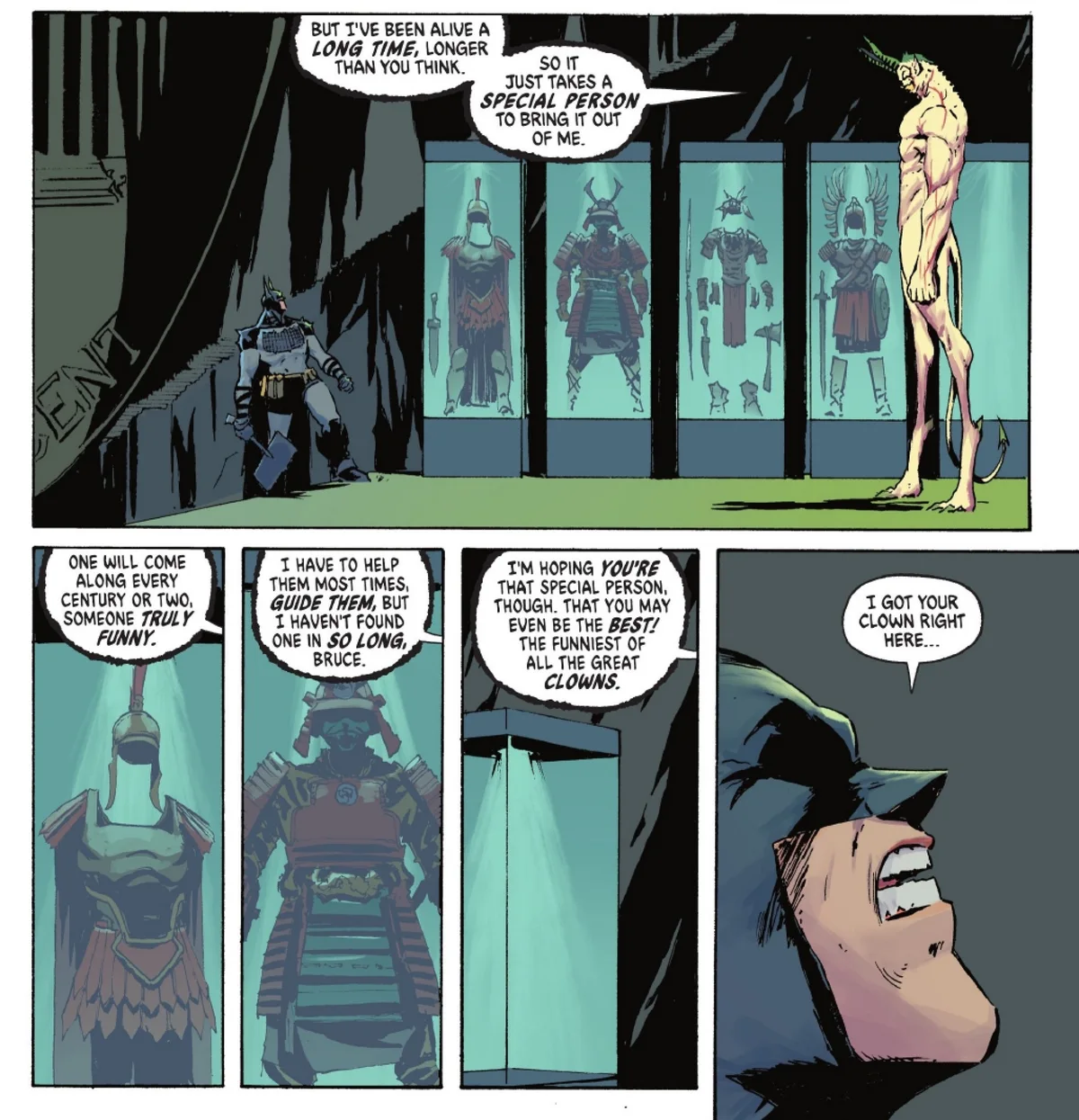 Batman, con armadura, frente a una galería de armaduras antiguas en vitrinas; el Joker, desnudo y con cola, le dice que lleva vivo mucho más tiempo del que cree y que busca a alguien especial cada siglo o dos