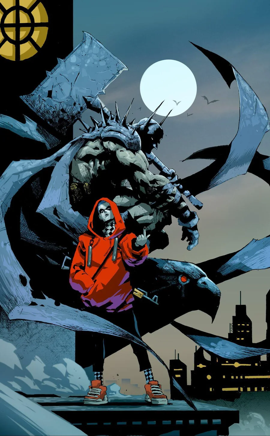 Batman, enorme y con un hacha al hombro, se alza bajo la luna detrás de un chaval con sudadera roja en una azotea de Gotham