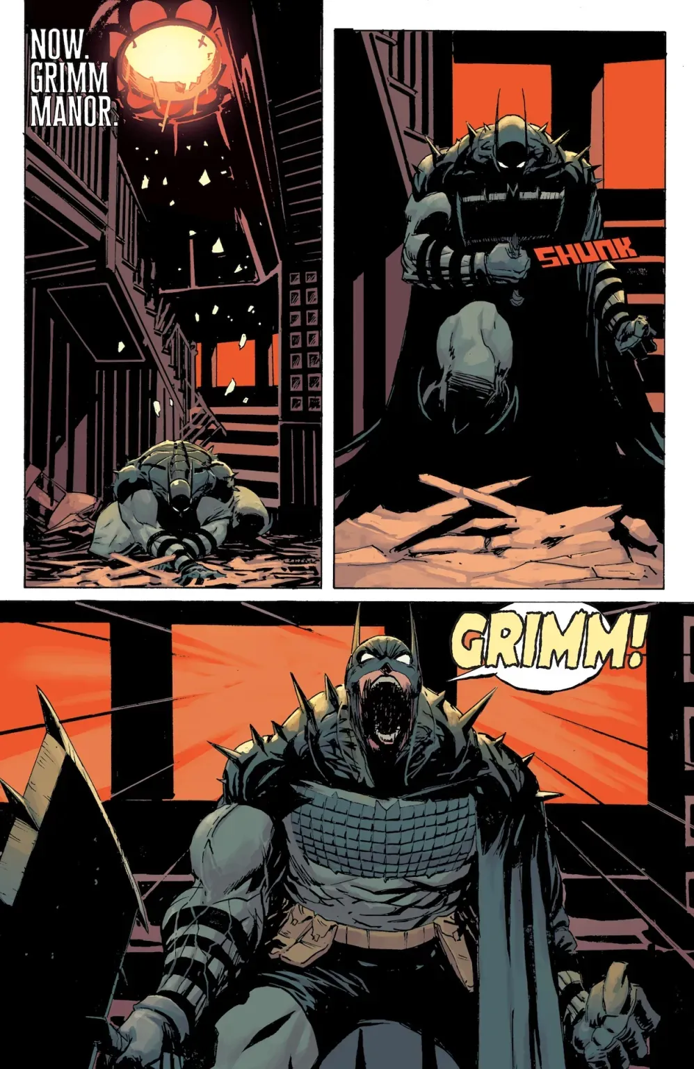 Batman irrumpe en la mansión Grimm gritando su nombre