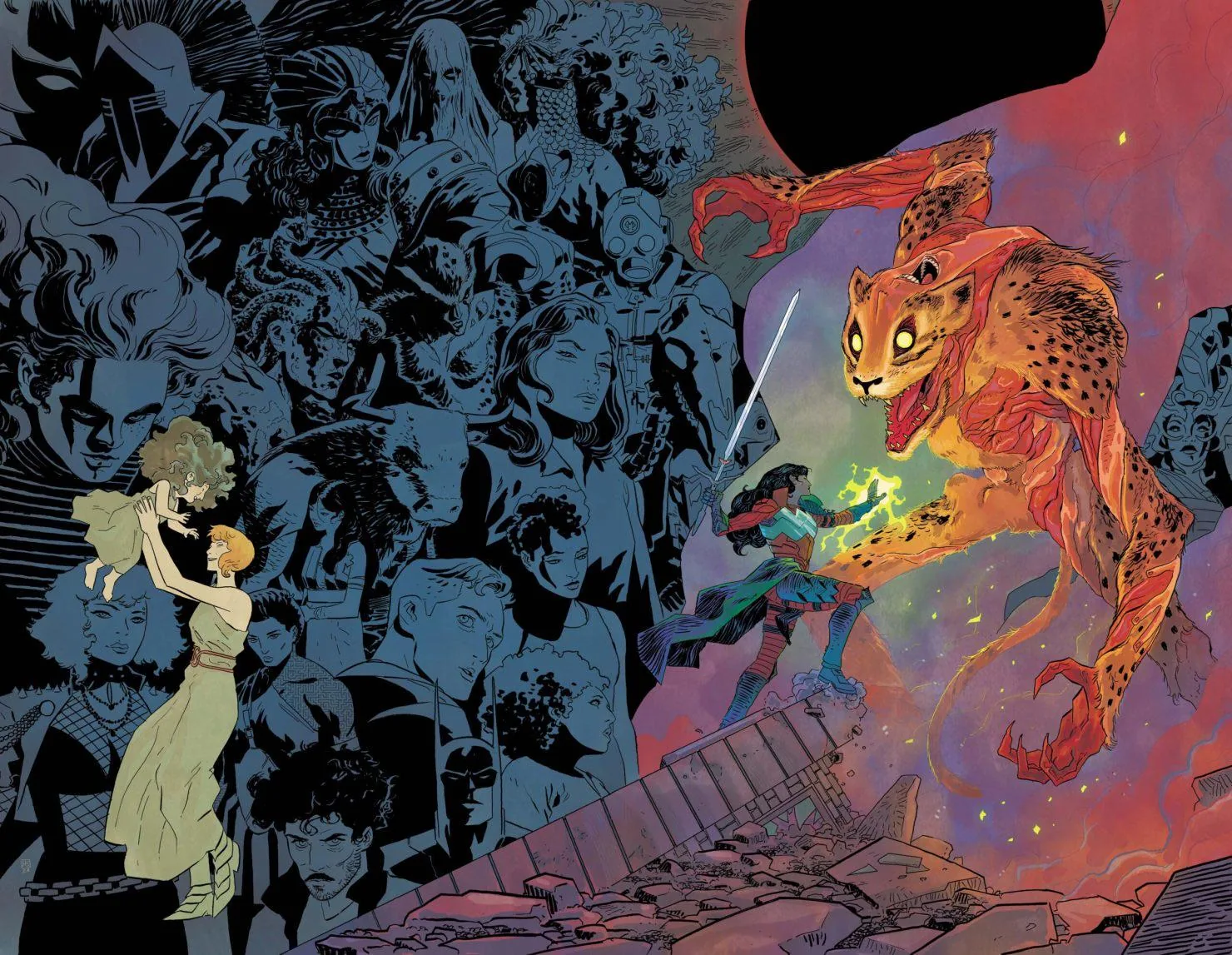 Diana, espada en alto, frente a la Cheetah, con todo el reparto de la serie en sombras detrás
