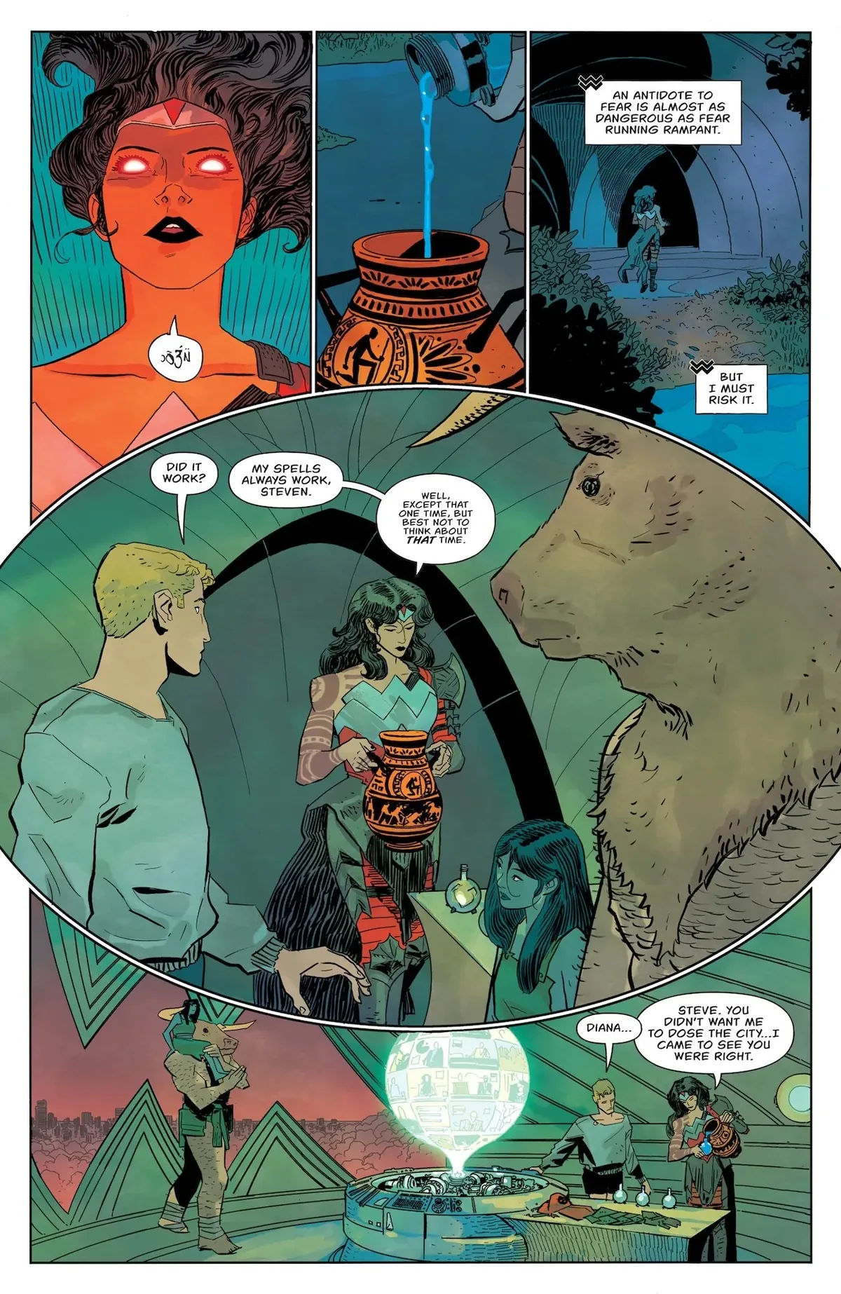 Diana vierte la poción contra el miedo en una vasija griega ante Steve Trevor, Ferdinand el minotauro y Petra