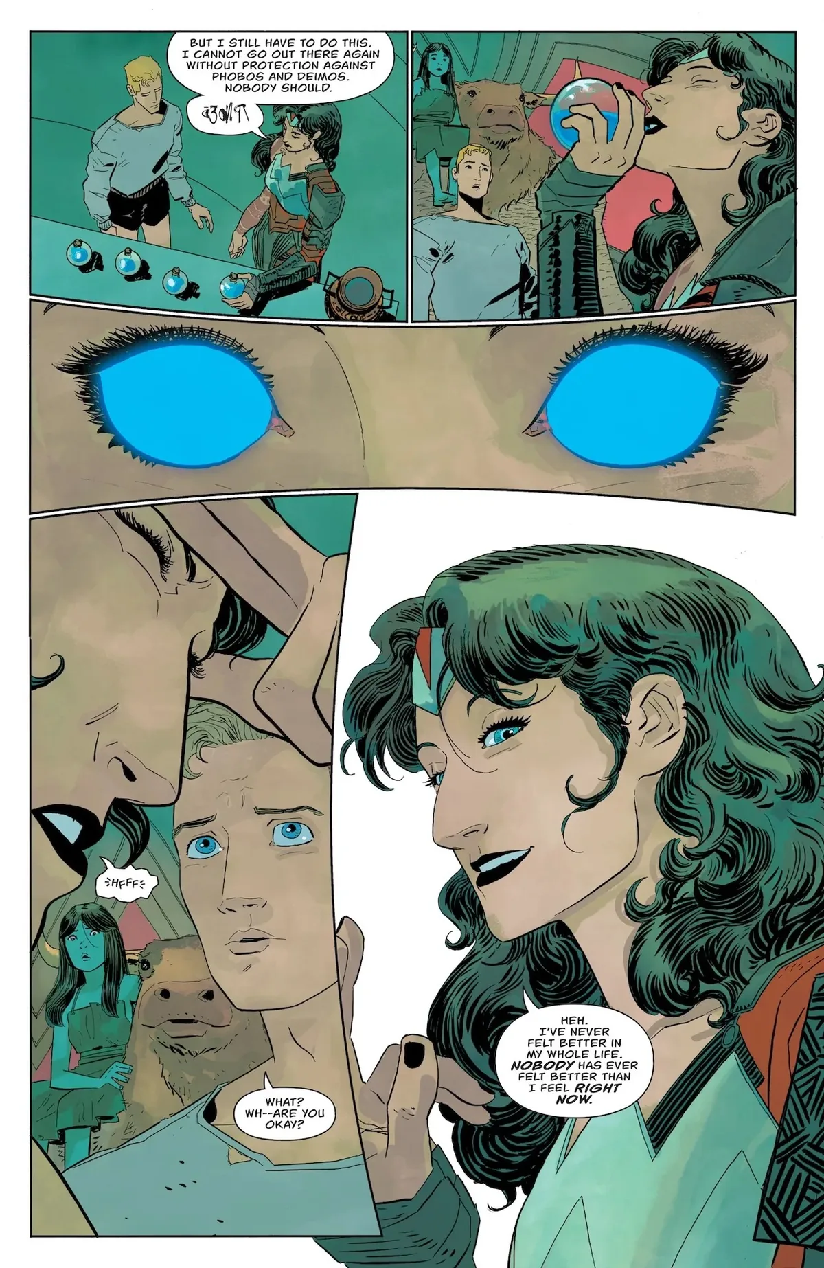 Diana se bebe la poción, se le iluminan los ojos de azul y sonríe ante un Steve Trevor preocupado