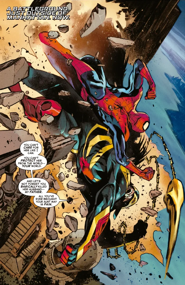 Spider-Man y Ravage caen peleando entre cascotes mientras Ravage le echa en cara lo que ha hecho pasar a la tía May