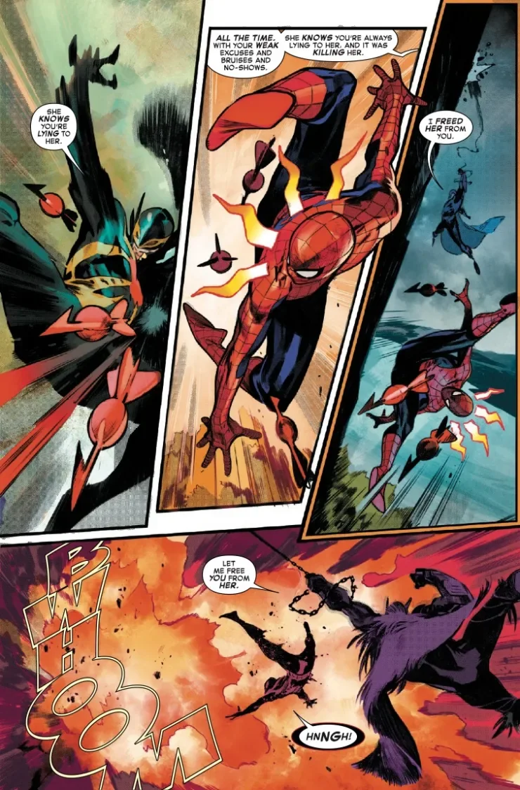 Ravage acribilla a Spider-Man con dardos explosivos mientras le dice que la tía May sabe que le miente