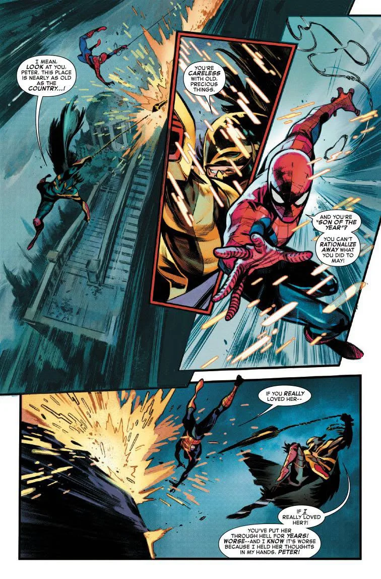 Spider-Man esquiva los disparos de Ravage entre estelas y destellos naranjas sobre un fondo turquesa