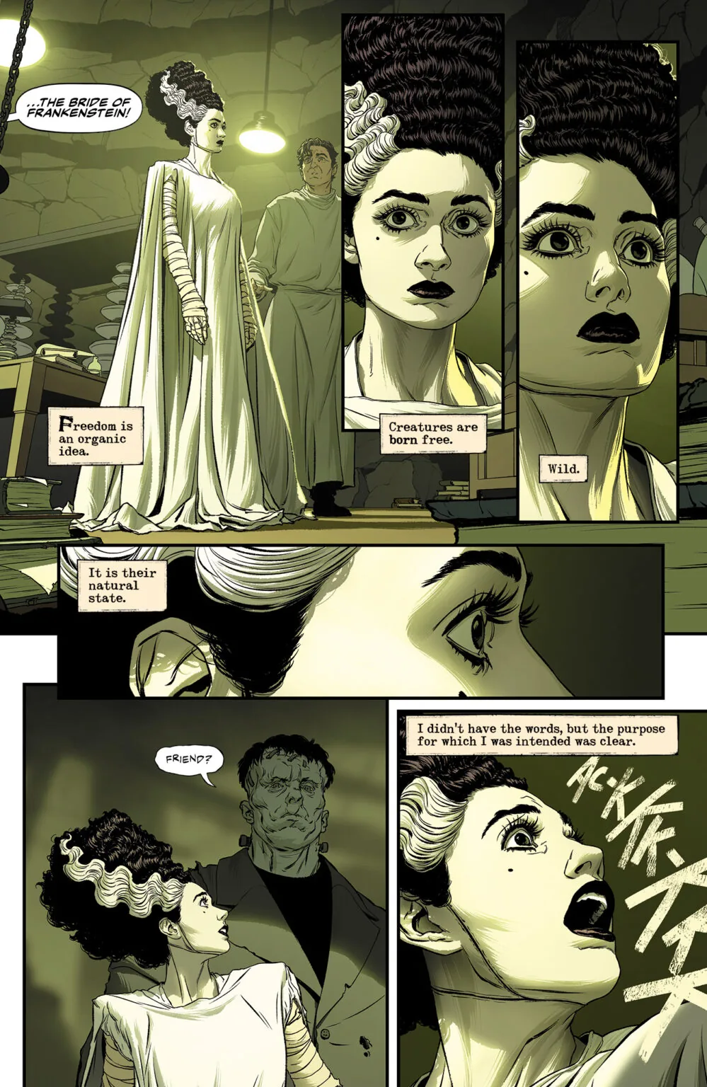 La novia, recién despertada, mira al monstruo de Frankenstein, que le pregunta si es su amiga, y grita