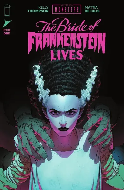 Portada de The Bride of Frankenstein Lives #1: la novia, con su peinado de rayas blancas, rodeada de manos que intentan agarrarla