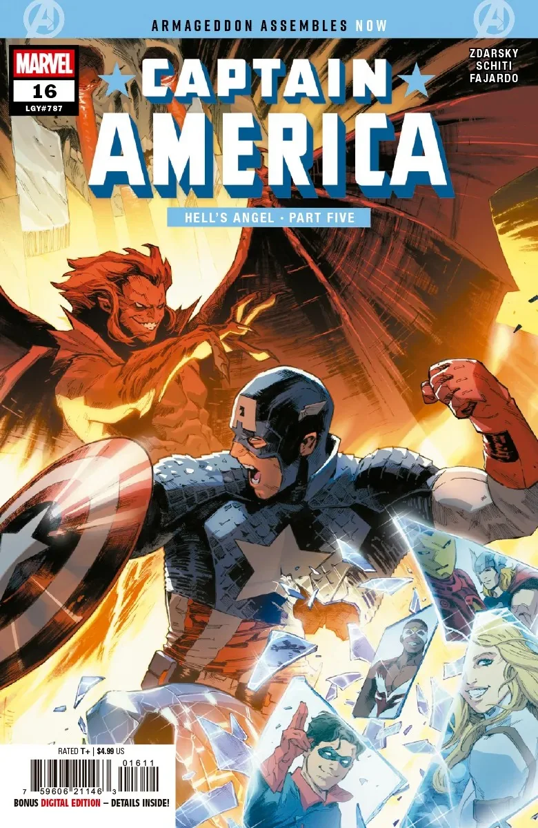 Portada de Captain America #16: el Capi grita con el escudo en alto mientras Mefisto se cierne sobre él y a su alrededor saltan los cristales con las caras de sus amigos
