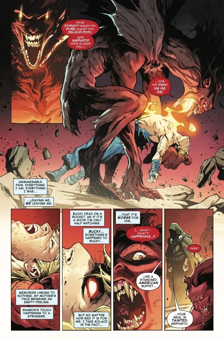 Mefisto devora el alma de Steve mientras sus recuerdos se borran y Doom le advierte de que su comida está contaminada