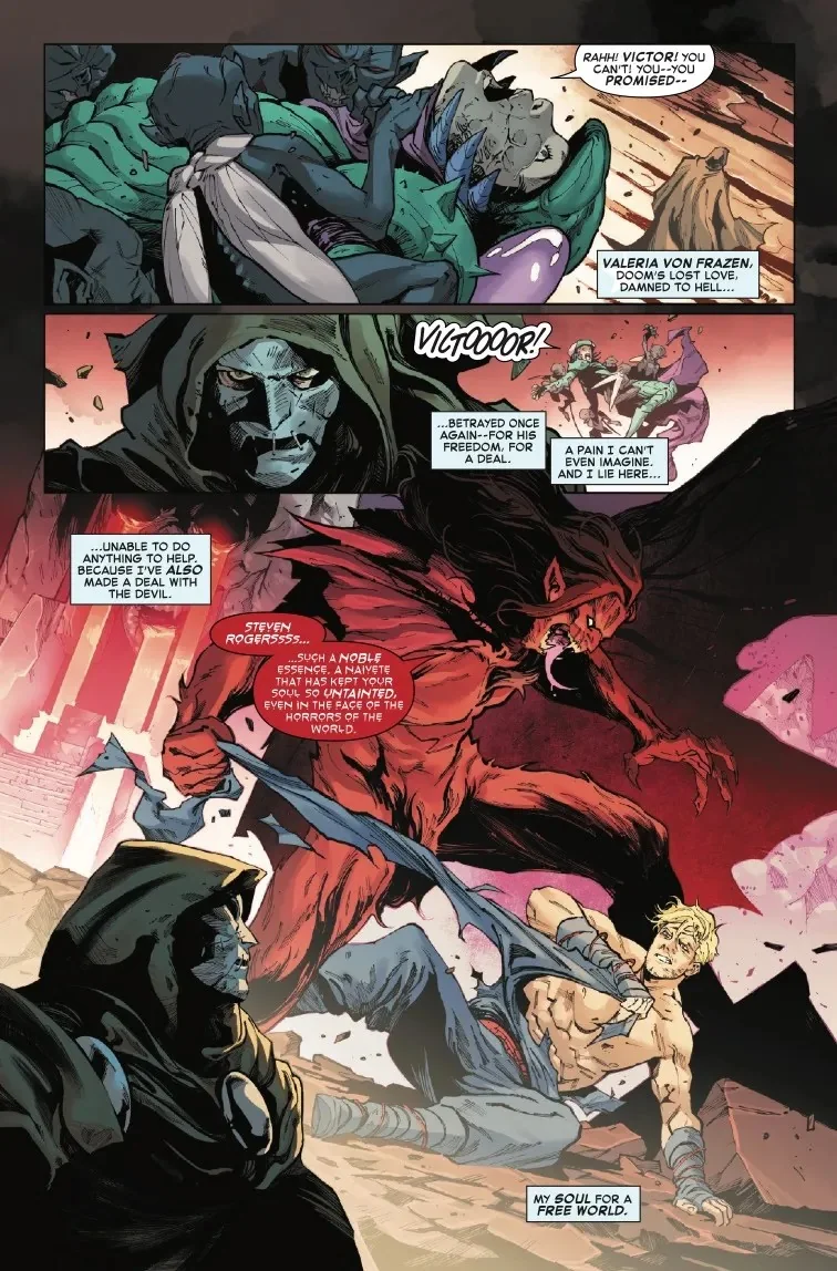 Mefisto se inclina sobre un Steve Rogers herido mientras Doom observa y Valeria es arrastrada por los demonios
