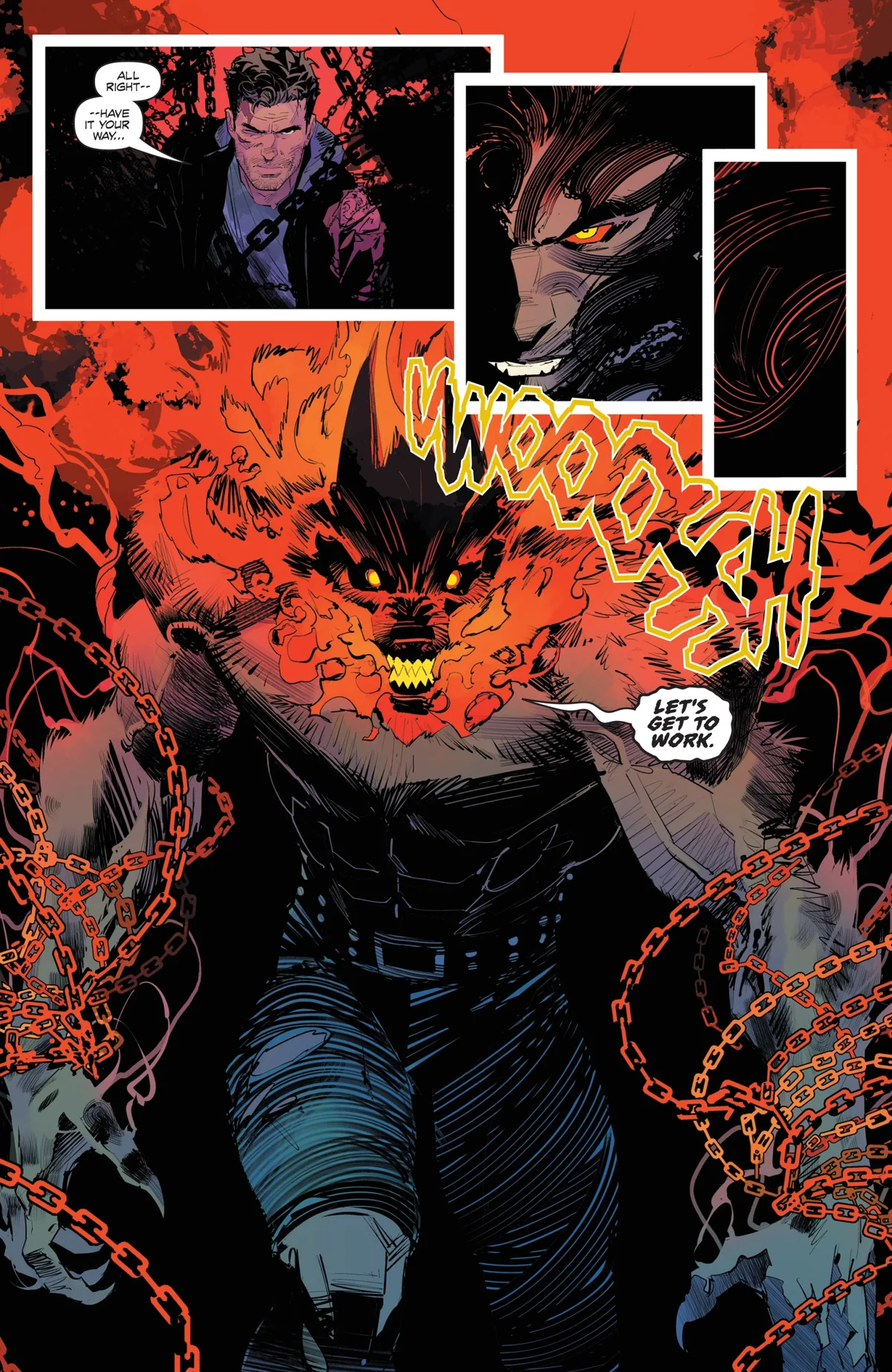Andrés se transforma en Cadejos, un lobo de fuego envuelto en cadenas