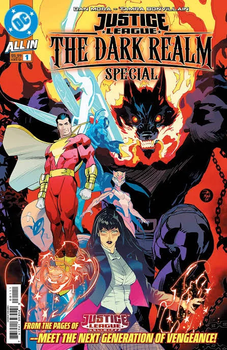 Portada de Justice League: The Dark Realm Special #1: Shazam, Blue Beetle, Zatanna y Rana Dorada delante de un Cadejos gigantesco envuelto en llamas y cadenas
