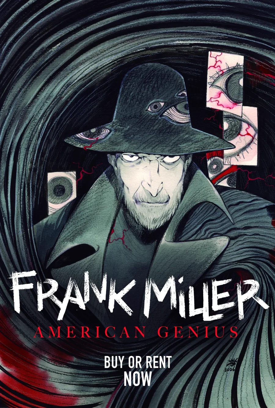 Póster del documental Frank Miller: American Genius, con un retrato dibujado de Miller con sombrero rodeado de ojos inyectados en sangre