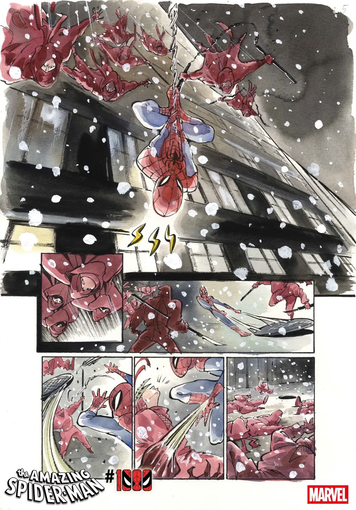 Página de Amazing Spider-Man #1000: Spider-Man cuelga boca abajo de su telaraña mientras una nube de ninjas rojos cae sobre él en una noche de nieve