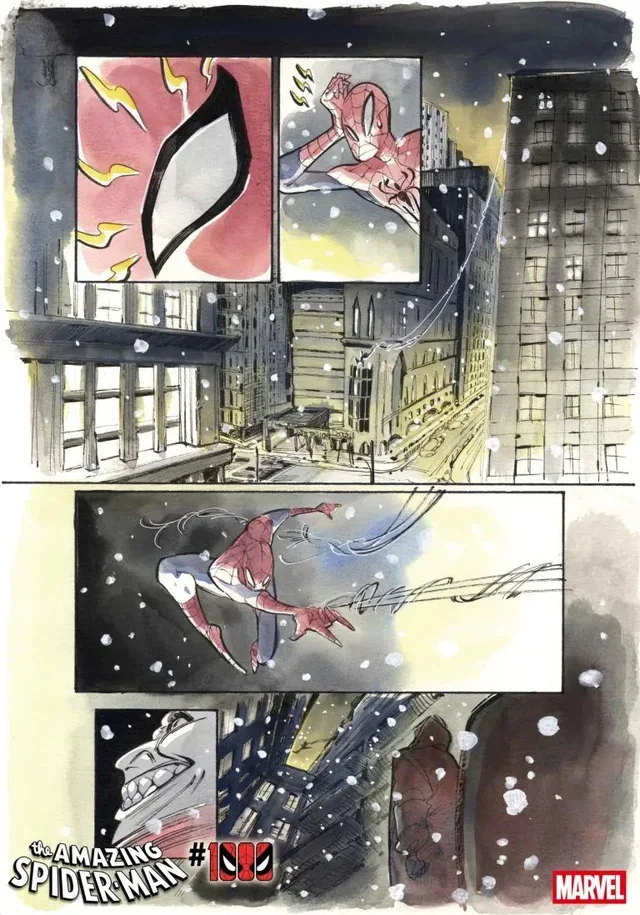 Página de Amazing Spider-Man #1000: Spider-Man se balancea entre rascacielos nevados de noche