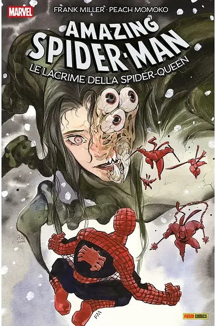 Portada de la edición italiana de Le lacrime della Spider-Queen: una mujer con la mitad de la cara convertida en araña se cierne sobre Spider-Man, rodeado de ninjas rojos en la nieve