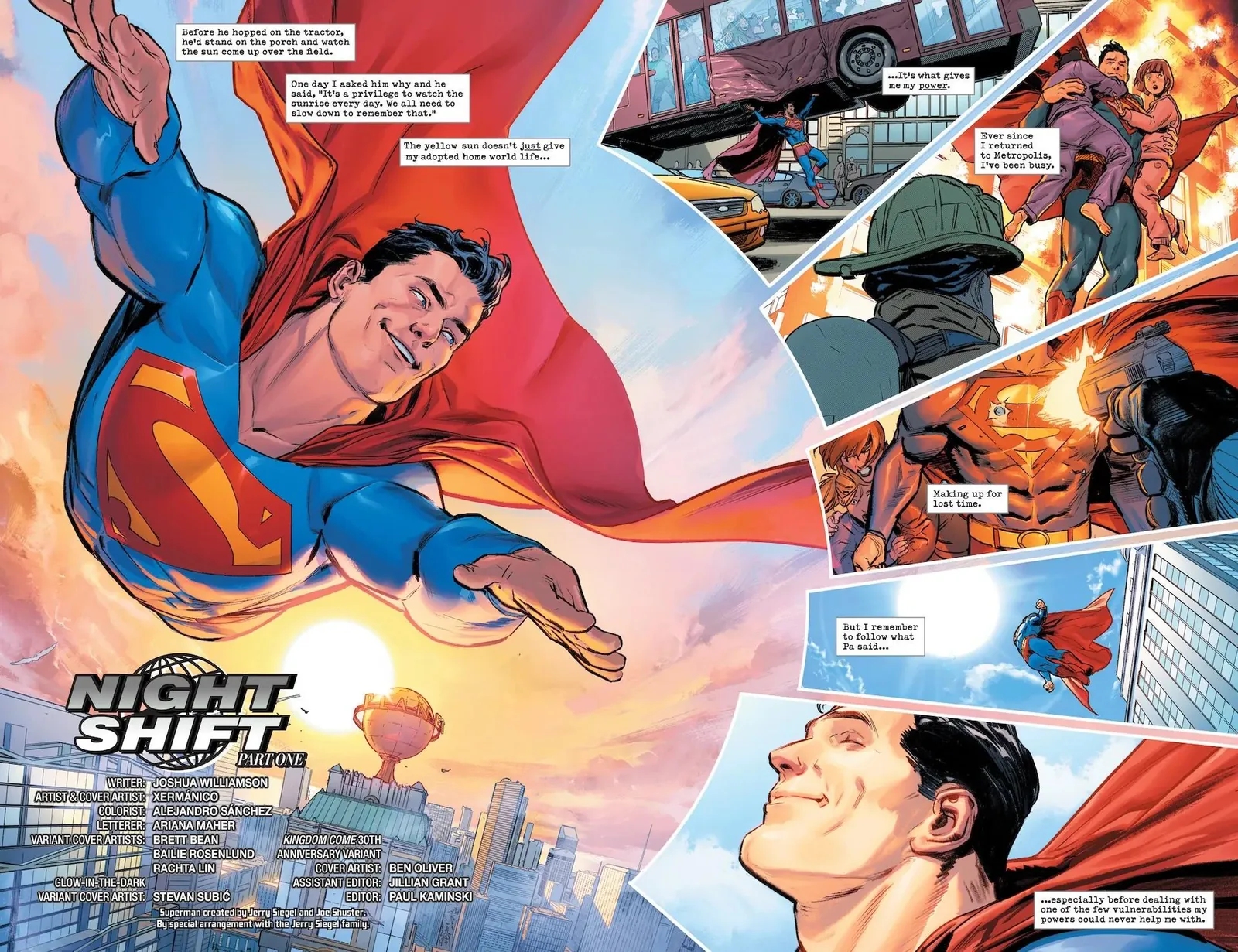 Doble página: Superman vuela sonriente sobre Metrópolis al amanecer mientras recuerda lo que le decía su padre