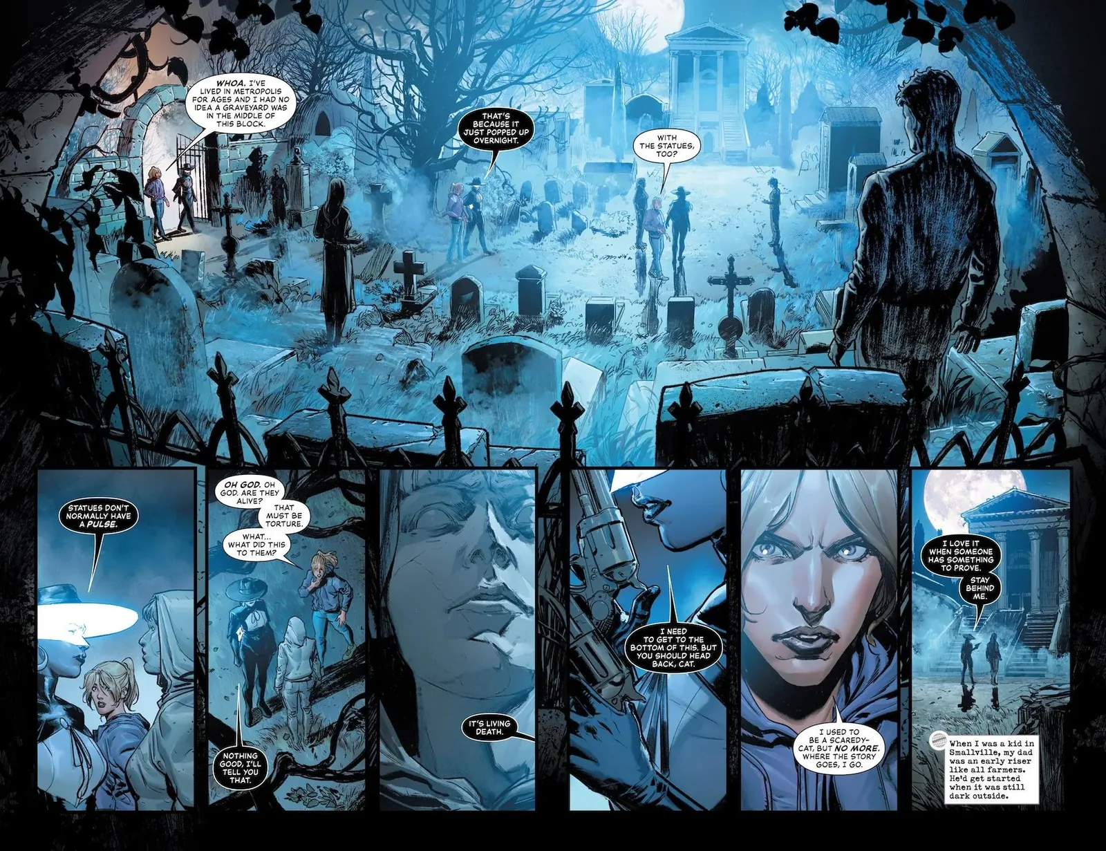 Doble página: Cat Grant y Marilyn Moonlight entran en un cementerio envuelto en niebla azul, lleno de estatuas que todavía tienen pulso