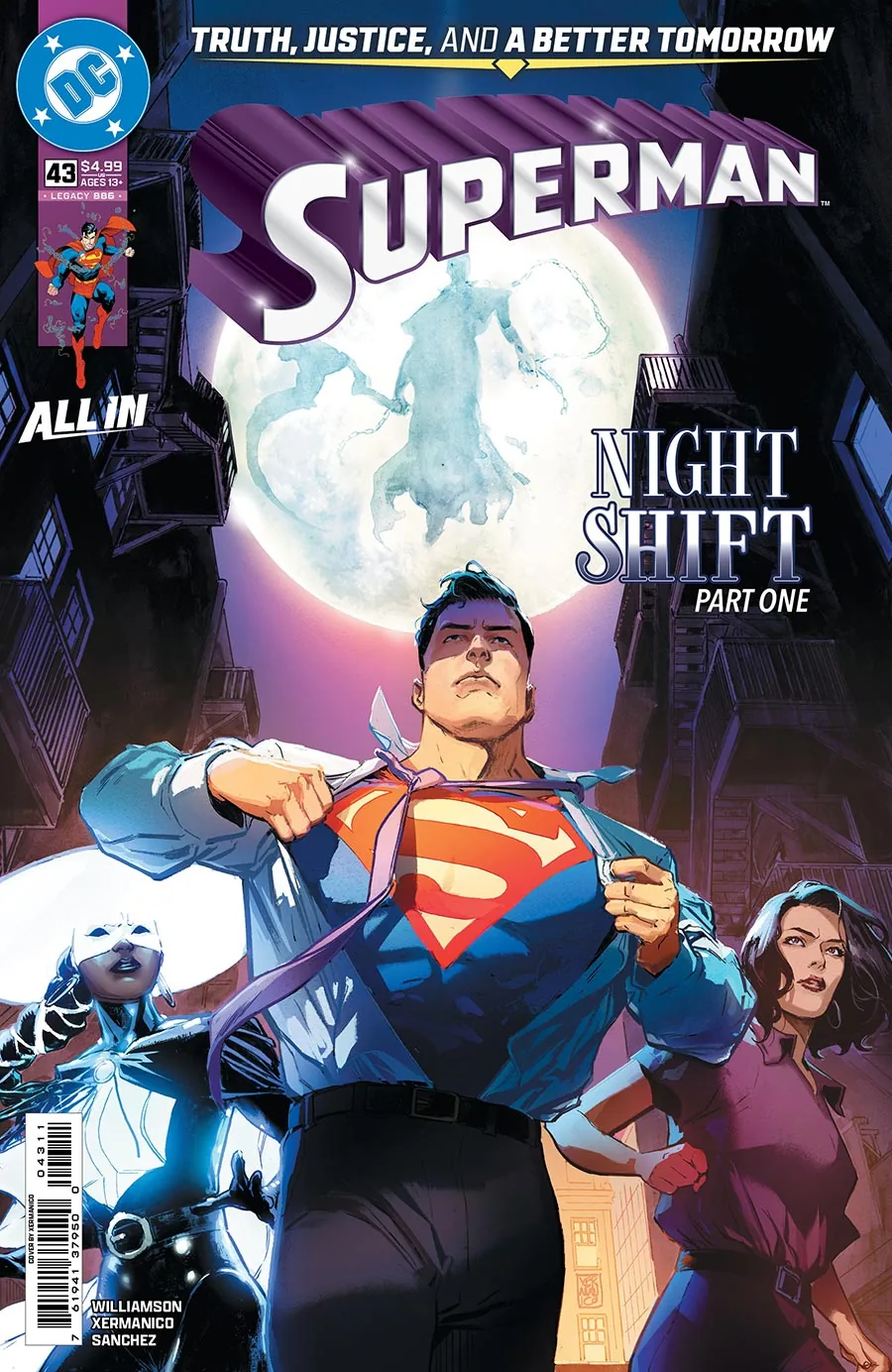 Portada de Superman #43: Clark Kent se abre la camisa bajo la luna llena, con Marilyn Moonlight y Lois Lane a los lados