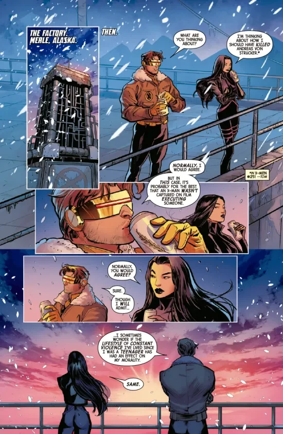 Cíclope y Psylocke, con una lata en la mano, conversan en una azotea nevada de Alaska ante un atardecer rosa