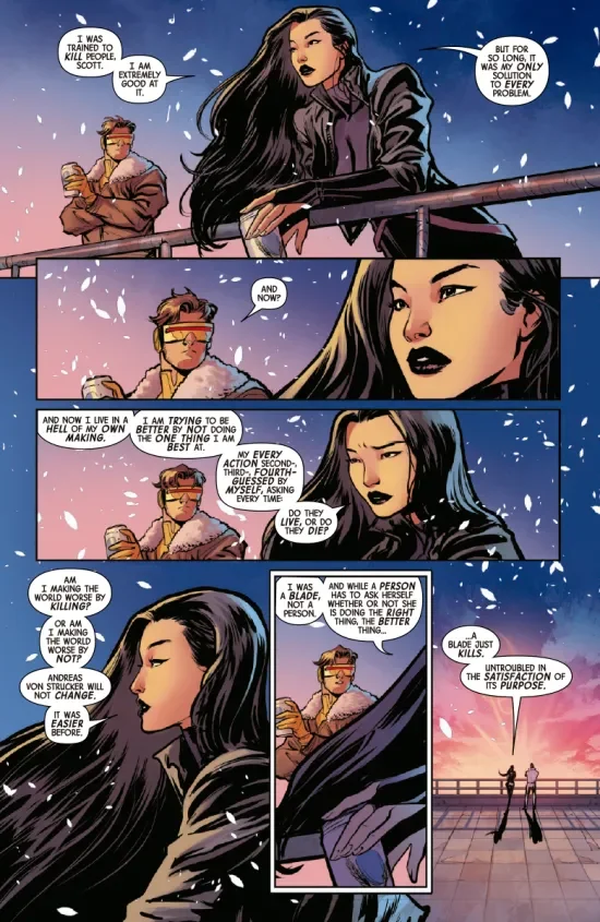 Psylocke, apoyada en la barandilla, le dice a Cíclope que antes era una espada y no una persona
