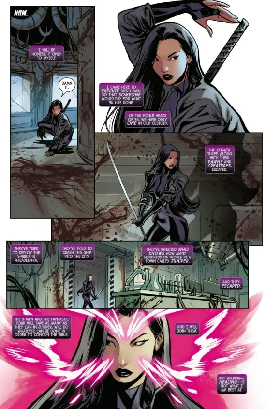 Psylocke recorre con su katana los pasillos ensangrentados de la nave de 3K y estalla en energía rosa