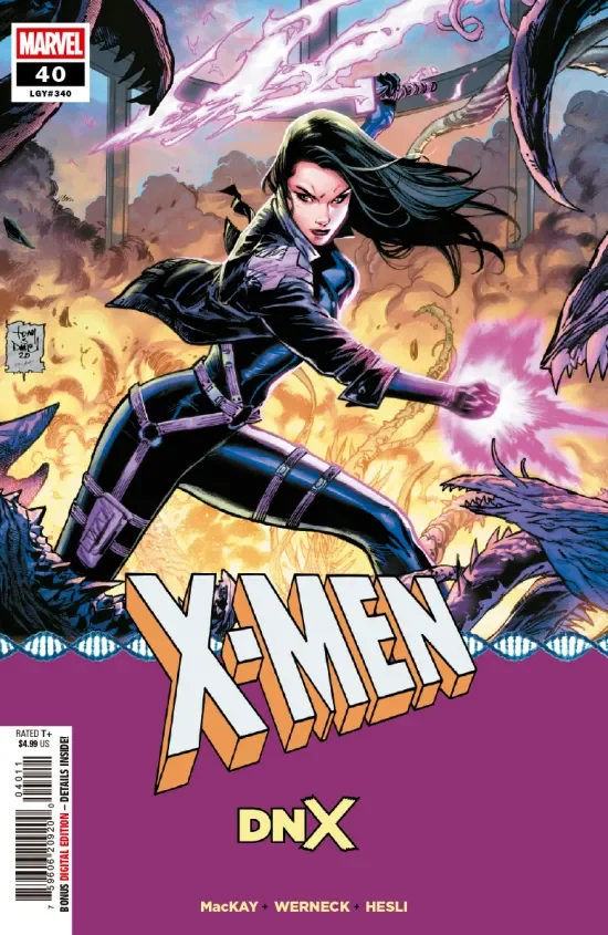 Portada de X-Men #40: Psylocke, con gabardina negra, salta entre monstruos con una katana de energía en una mano y la otra brillando de rosa